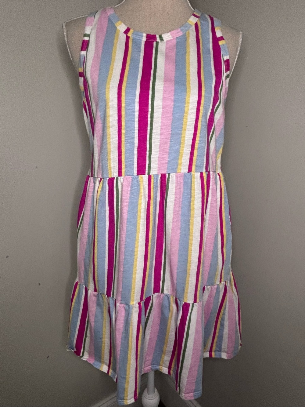 GAP striped sleeveless tiered dress pink green yellow knit tank dress size Large